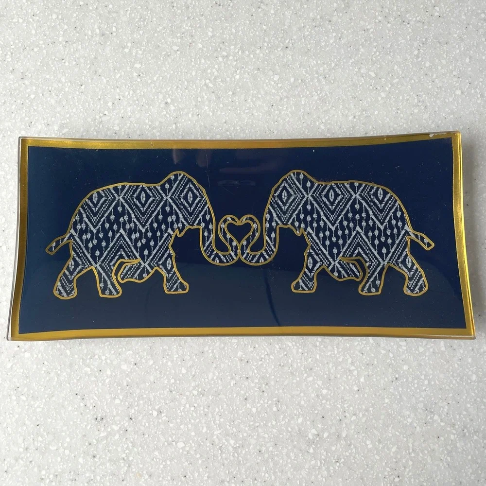 Elephant Heart Navy Blue Glass Trinket Dish Gold Trim Rectangular Tray Boho Love